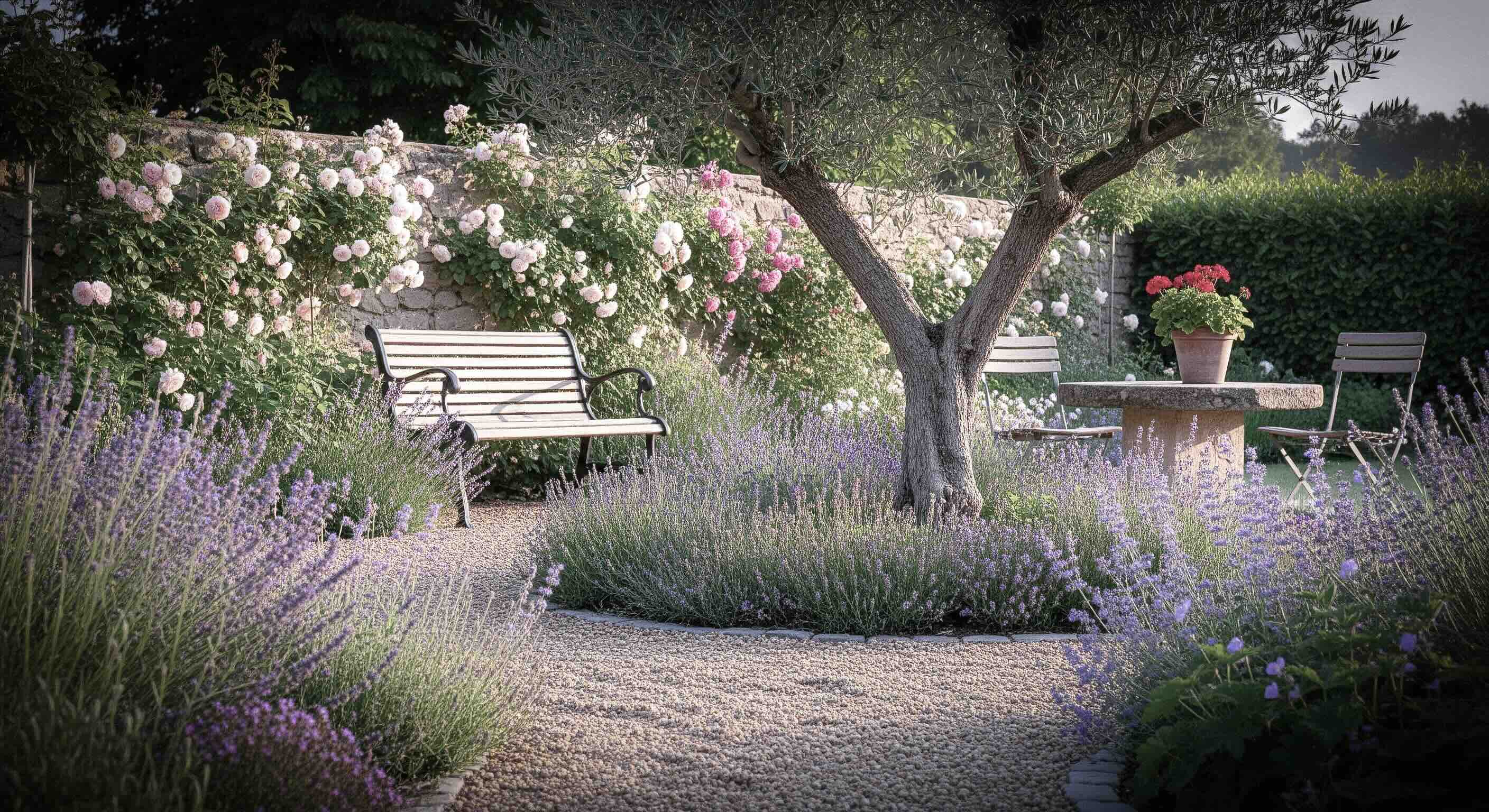 Jardin structuré avec olivier, rosiers et massifs de vivaces