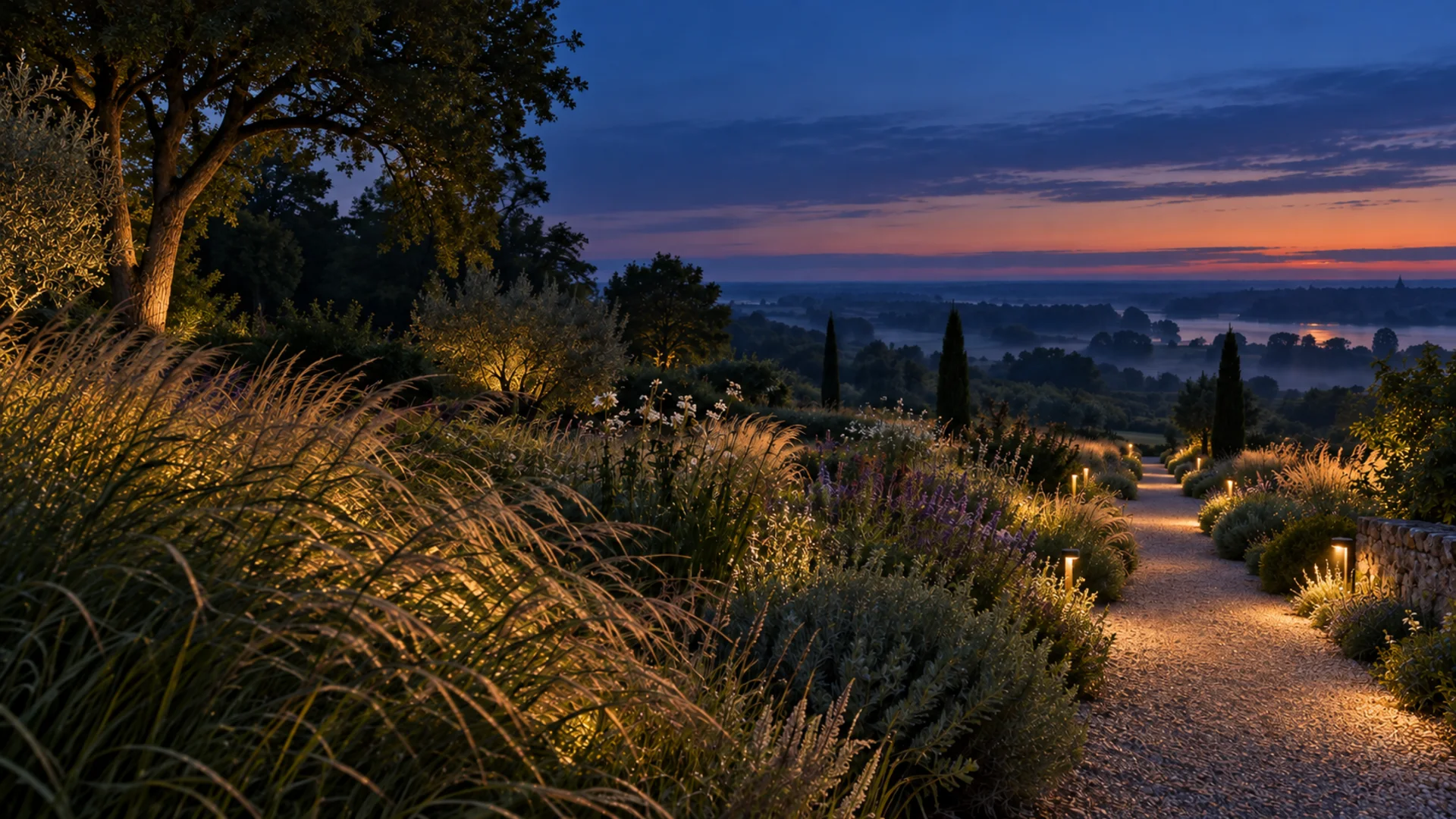 Visuel d’ambiance d’un jardin éclairé à la nuit tombée